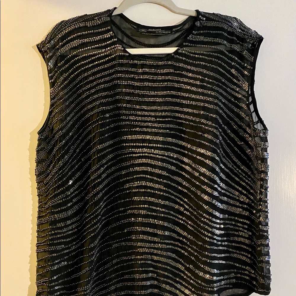 All Saints Black Sheen Sequin Top